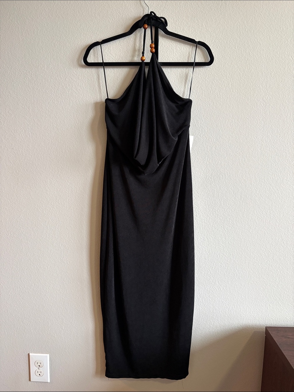 Lovely Day Halter Draped Midi Dress Black Cowel Neck Adjustable Strap Size L